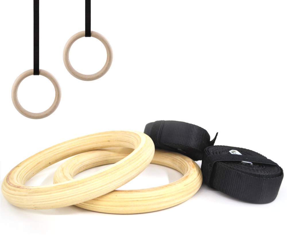 Pair of Wooden Gymnastic Rings, Fitness, Functional Training with Adjustable Straps and Buckles Wooden Rings for Suspension Exercises