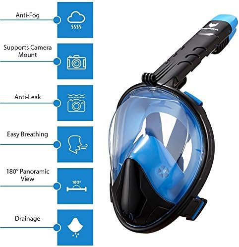 IceFox Full Face Snorkel Mask, Foldable Free Breathing Mask Set, 180° Panoramic View, Anti-Fog and Anti-Leak, Detachable Action Camera Mount