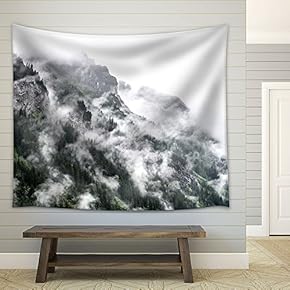 Nature Scenery with Mountain Surrounded by Fog - Fabric Wall Tapestry Home Decor - 51x60 inches