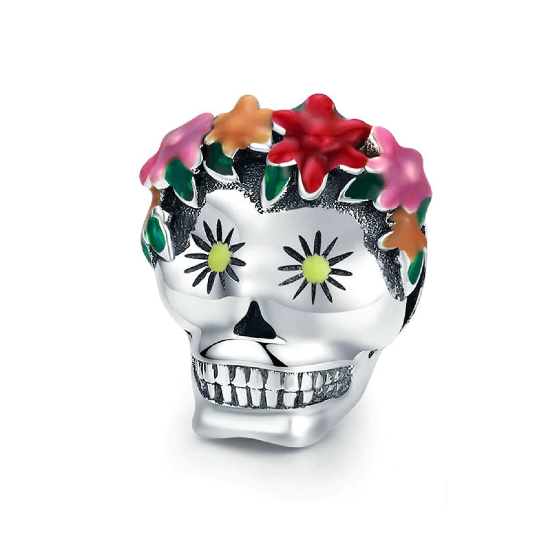 FeatherWish 925 Sterling Silver Charm Halloween Skull Scary Skeleton Flower Bead Charm Fits And Compatible With Pandora Bracelets Gift Mum Sister Wife Daughter (Flower Skull)