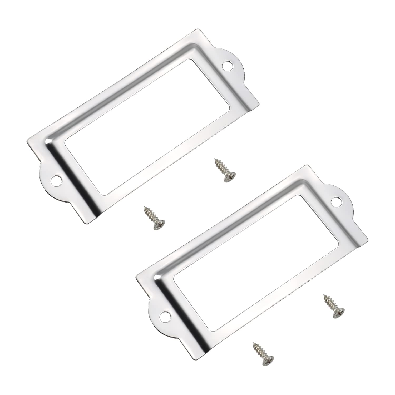 MroMax 3.15"x1.38" (LxW) Stainless Steel Label Frame 80x35mm Tag Name Card Label Holders with M2.5x8mm Mounting Screws for Office Library Furniture Card File Cabinet Silver Tone 10Pcs
