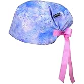 CALOMED Scrub Cap for Women and Men, Euro Style Scrub Caps, with Ribbon Ties & Buttons, Long or Short Hair (Purple Clouds)