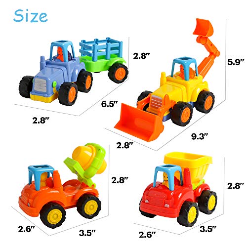 USATDD 4 Pack Friction Powered Cars,Push and Go Vehicles Car Tractor Bulldozer Cement Mixer Truck Dumper Construction Toys Set for 1 2 3 Year Old Boy Girl Toddler Baby Kid Boy Girl Gift