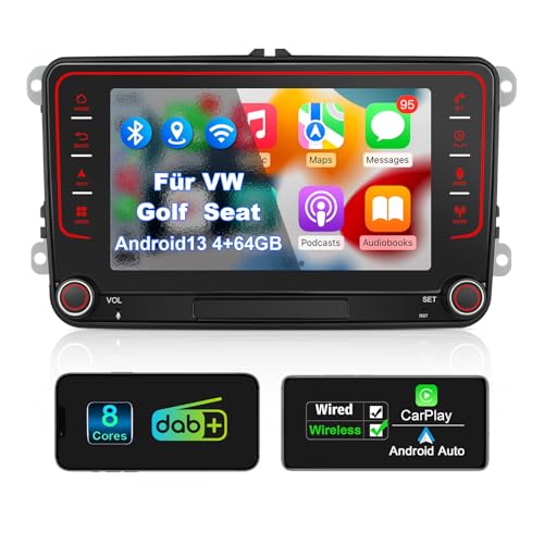 Car Radio with Screen for VW Golf 5 6 T5 Passat Polo 6R Tiguan Seat Skoda, 7 Inch VW Caddy Radio 2Din with Apple CarPlay Android Car Mirrorlink DAB+ Navi Bluetooth WLAN Canbus GPS 8-Core 4+64GB