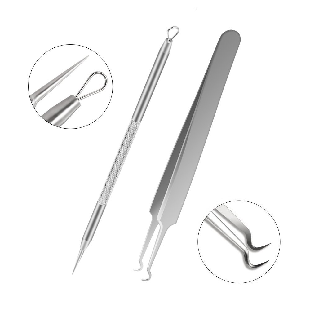 AMTOK Blackhead Remover Kit Curved Blackhead Tweezers Kit Pimple Comedone Extractor Tool Set Dermatologist Grade Kit Treatment for Blemish , Zit Popper (tweezers 2pcs)
