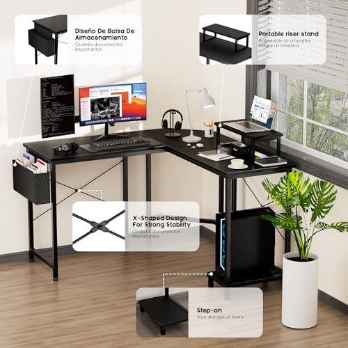 COSENGA Escritorio Gamer, Escritorio para Computadora en Forma de L de 51 Pulgadas con Soporte para Monitor y Bolsa Almacenamiento, Escritorio en L para Oficina y Gaming, Negro