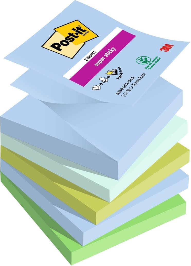 Post-it Super Sticky Z-Notes, 450 Sheets, Pack of 5 Pads, 76 mm x 76 mm - Holds Strong to Many Surfaces - Blue, Green - for Walls, Monitors and Fridge, Recycable