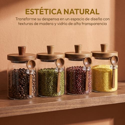 MOISLAS Frascos de Vidrio Herméticos 8 PCS con Tapa madera exquisita 900ml 140ml Frasco para Organización Contenedor para Almacer Alimento Especias Café Azúcar 4 exquisita cuchara de madera