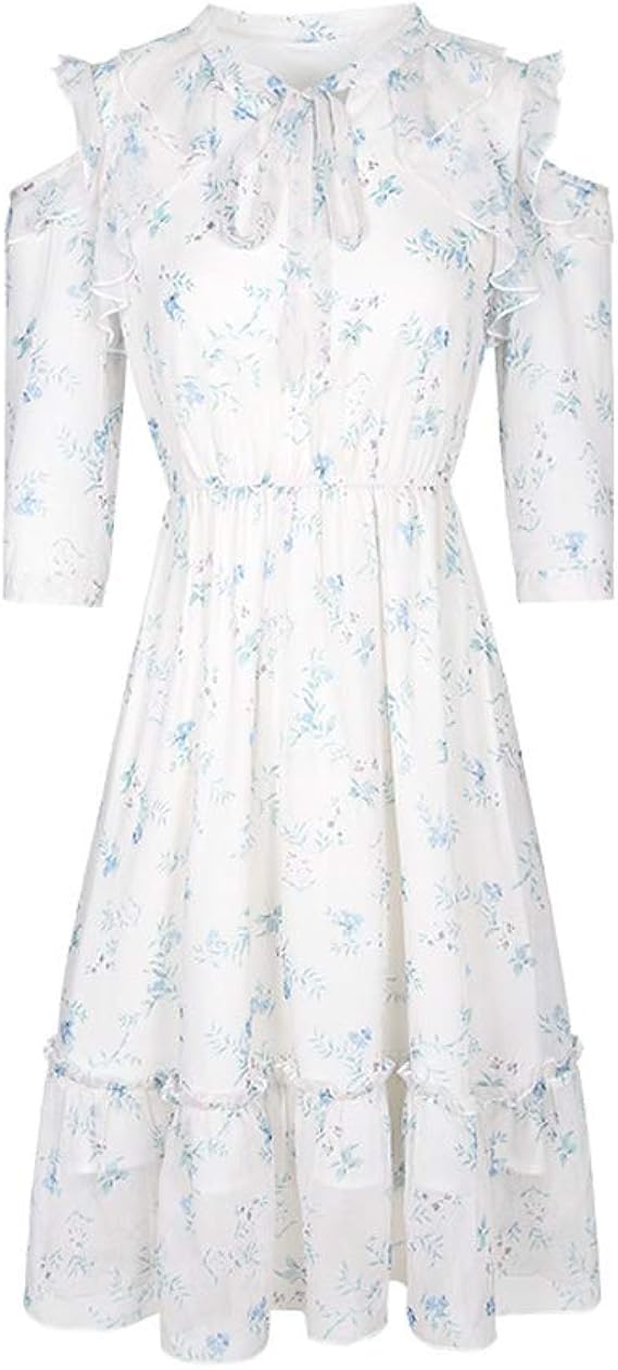 Amazon S Charma女性のドレス 夏のシフォンドレス膝丈ワンピース花の半袖ドレスラインのスカートの花嫁介添人ドレスワンピース 白 ワンピース チュニック 通販