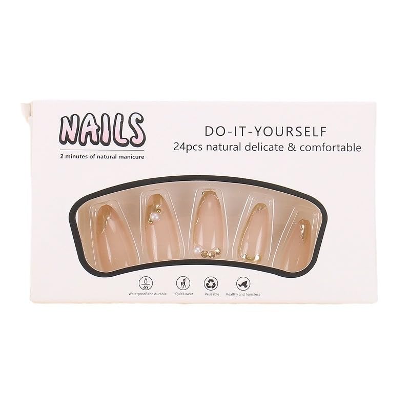 Press on Nails Almond Fake Nails French Tip False Nails with Gold Line Design Glue on Nails Press ons Medium Acrylic Nails Glossy Full Cover Stick on Nails for Women Manicure 24Pcs