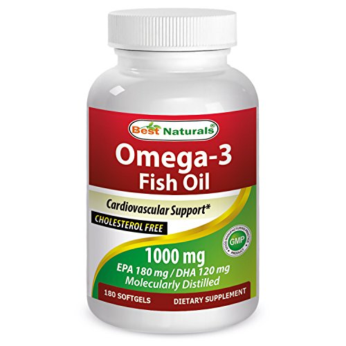 Best Naturals Omega-3 Fish Oil 1000 mg 180 Softgels - Cholesterol Free - Molecularly Distilled - Contains 180 mg of EPA & 120 mg of DHA