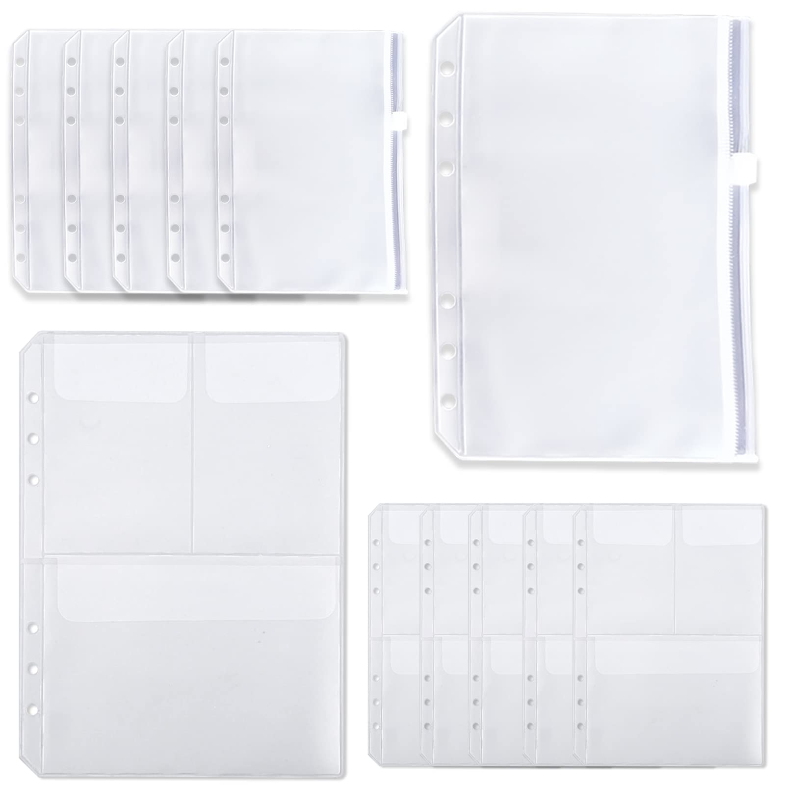 DY.2ten 12PCS A5 Size Binder Pockets, Zipper Binder Pocket, Clear 6-Hole Binder Zipper Folders, Pocket with a Lid, Two Types, Waterproof PVC Zipper Loose Leaf Bags for Home Office School Supplies