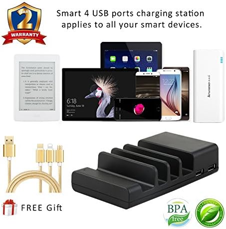 Multiple Mobile Device USB Charging Stations, Smartphone Charging Dock, Dock Travel Universal Cables, 4 Ports Multiple USB Charger for iPhone, iPad, and Samsung with 3-in-1 Multi USB cable