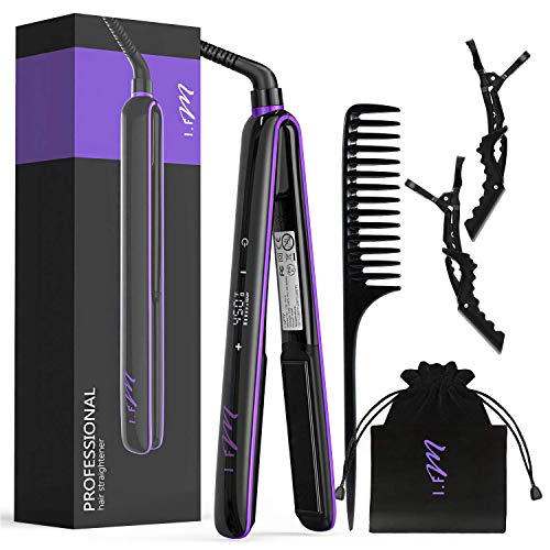 Hair Straightener [Newest 2019], I.FM 2 in 1 Straightens & Curls Flat Iron Ceramic for All Hair, Salon High Heat 265℉-450℉, LCD Digital Display with Touch Screen, Travel Design with Bag (Best Titanium Flat Iron 2019)