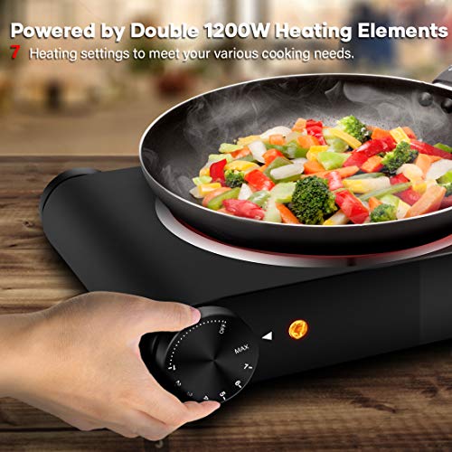 CUSIMAX 1800W Ceramic Hot Plate, Portable Infrared Burner, 7 Inch Glass Double Burner, Electric Burner, Dual Countertop Electric Cooktop, Stainless Steel Easy to Clean, Compatible with All Cookware