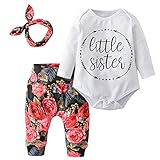Derouetkia Baby Girls'3 Piece Little Sister Long Sleeve Romper Tops Casual Floral Pants With Headband Clothing Set (70(6-9 Months))