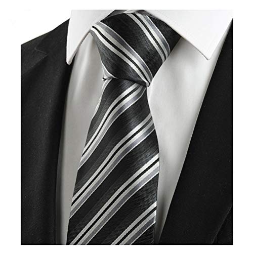 L04BABY Classic Black Silver Striped Jacquard Woven 100% Silk Men Tie Necktie