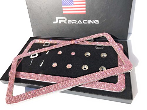 JR2 Luxury Handmade White Rhinestone Metal License Plate Frame with Gift Box+Free Premium White Diamond Anti-Theft Screw Cap-2PCS (Pink)