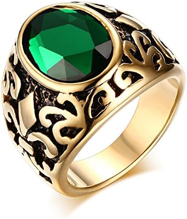 Mealguet Jewelry Stainless Steel Men Women Vintage Retro Gold Plated Glass Fashion Ring, Green