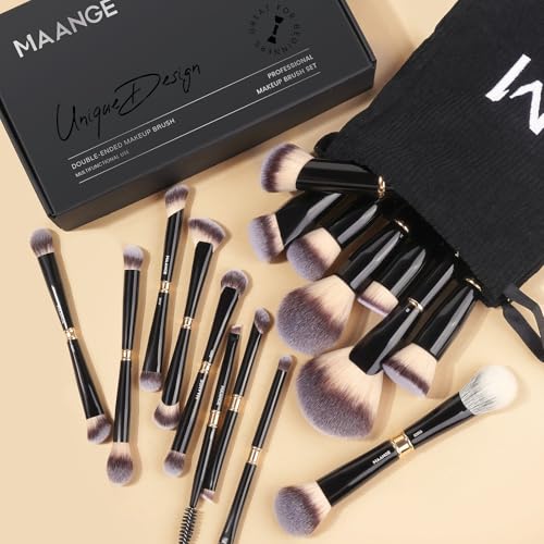 MAANGE Makeup Brushes 16Pcs Professional Foundation Powder Blush Contour Eyeshadows Double-End Makeup Brush Set with Pouch and Gift Box-Black