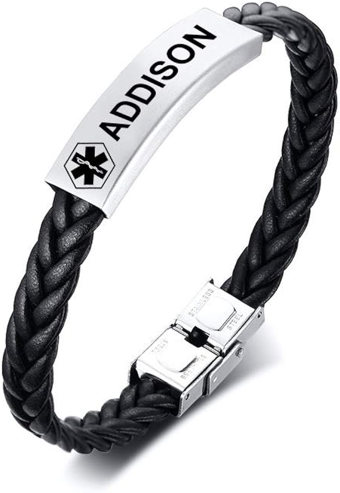 VNOX Addison Disease Bracelet Stainless Steel Leather Medical Alert Bracelet Star of Life
