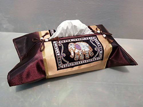 Thai Silk Tissue Box Cover Foldable Golden Brown Elephant Design Ornate Artwork