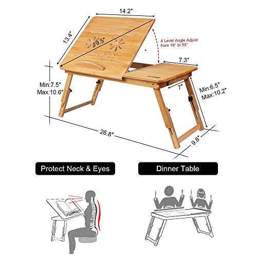 Bamboo Wood Laptop Desk Tray Foldable Breakfast Tray Table Adjustable Computer Bed Tray for Eating Laptops Writing Reading on Bed Sofa Coach with Drawer Tilting Desktop Leg (Upgraded,Thicken)