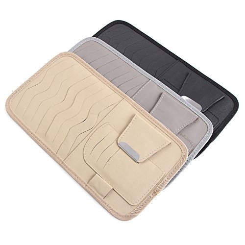 Car Visor CD Holder，Shellvcase Genuine Leather Auto Car CD Storage Bags With 8 CD/DVD Slots,3 Credit Cards Pockets,1 Pen holder,1 Sunglasses Holder (Grey) - Thumbnail 5