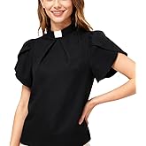 Womens Church Clergy Shirt Tab Collar Front Pleated Petal Sleeve Blouse Top