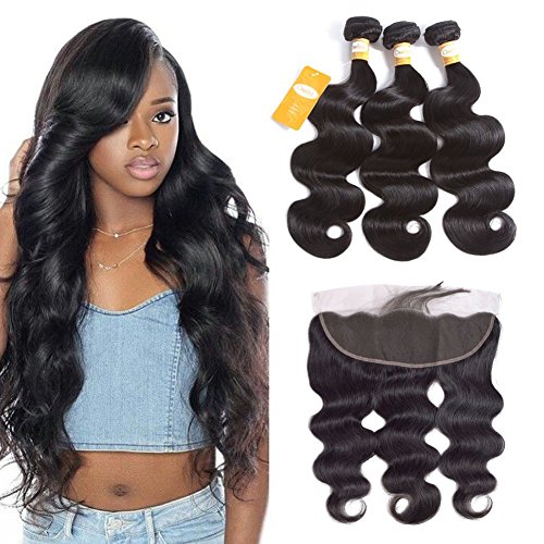 Ossilee Body Wave Bundles with Frontal Human Hair Bundles with Lace Frontal 8A Grade Body Wave Hair Brazilian Virgin Hair Ear To Ear Frontal with Body Wave Bundles (14 16 18+12 frontal, Natural Color)