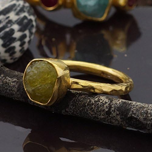 Sterling Silver 925k Hand Carved Rough Green Garnet Stack Ring By Omer 24k Vermeil Size 6.75