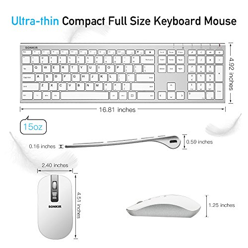Keyboard and Mouse, Sonkir K-18 2.4GHz Ultra Thin Rechargeable Aluminum Full Size Wireless Keyboard Mouse Combo for Windows, Laptop, PC, Notebook (Silver)