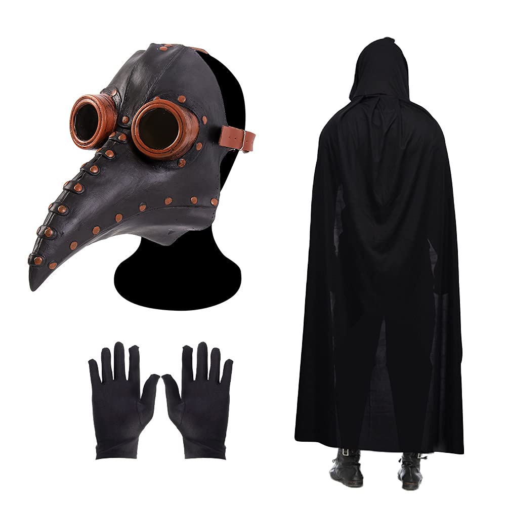 Steampunk Plague Doctor Mask with Bird Beak Nose, Gloves and Black Cloak - Halloween Costume Props