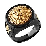 HZMAN Men's Gold Black Tone Stainless Steel Ring Lion Head Shield Biker Vintage