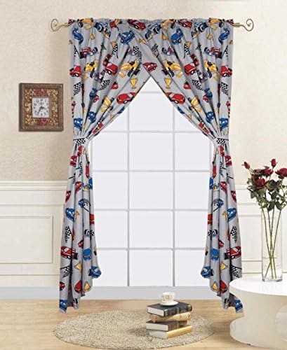 Linen and More 2 panel 2 tiebacks mixed car kids curtains (4 piece set)