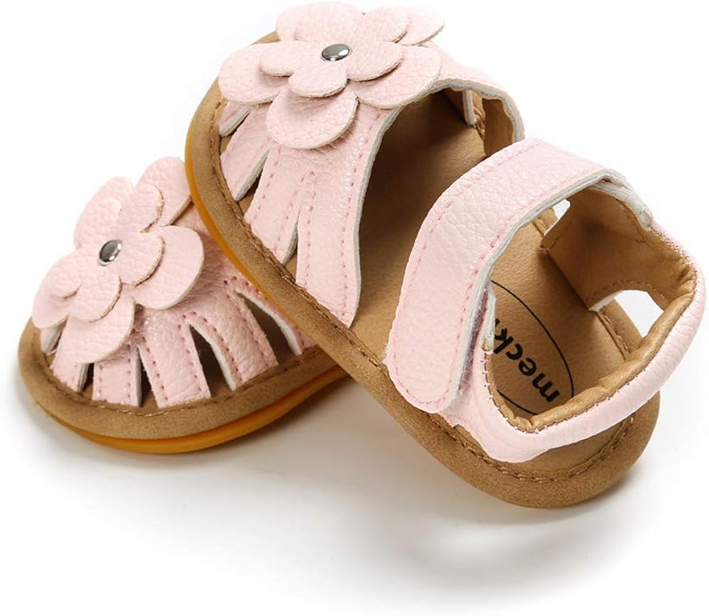  | Meckior Baby Toddler Infant Girls PU Leather Soft Closed Toe Summer Sandals Flower Princess Flat Shoes | Sandals