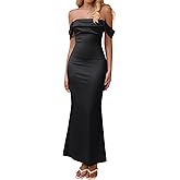KUTUMAI Women Off Shoulder Satin Maxi Dress Elegant Ruched Bodycon Long Cocktail Formal Wedding Guest Dresses