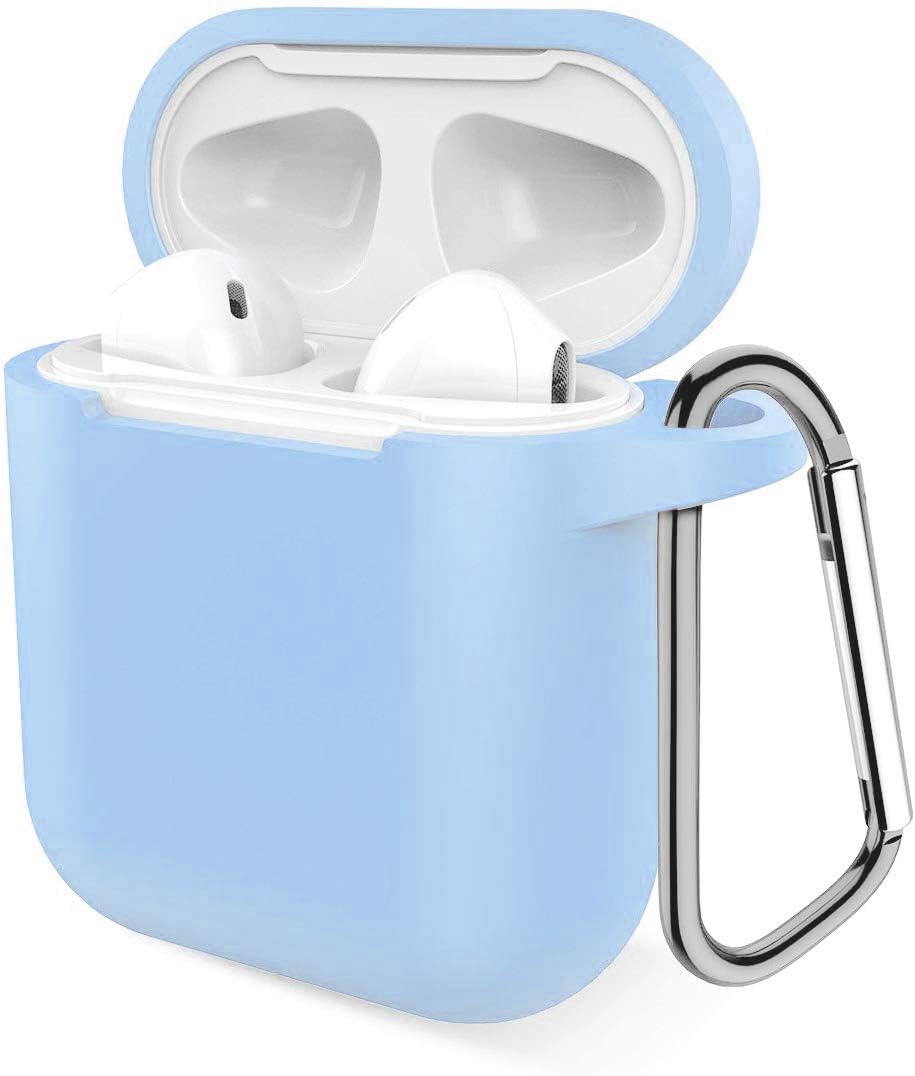 Airpods Case, Music tracker Protective Thicken Airpods Cover Soft Silicone Chargeable Headphone Case with Anti-Lost Carabiner for Apple Airpods 1&2 Charging Case (Sky Blue)