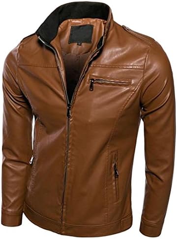 Eric Hug Men Stand Collar Simple Ultimate Slim Zipper Bomber PU Jacket OrangeUS XXX-Large Fashion
