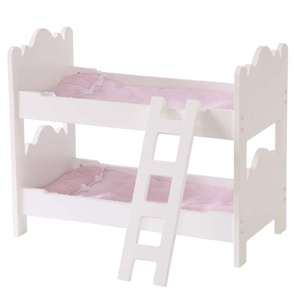 Wooden Doll Bunk Bed Fit up to 20 Inch Dolls for Kids Baby Playcenter Dolls Bed Funiture with Ladder and Bedding Set (White)