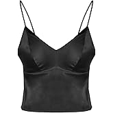 FEELITS Women's Real Mulberry Silk Satin Bralette Camisole - Wireless Bra Crop Top, V-Neck Spaghetti Strap Tank Top