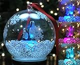 BANBERRY DESIGNS LED Penguin Glass Globe Christmas Ornament Snow Pellets - Color Changing Lights - Hand Painted Glitter Snowflakes 3.5