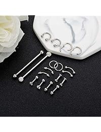 YOVORO 18 piezas de acero inoxidable industrial Barbell cartílago Stud Pendientes para mujeres hombres nariz Septum Piercing Anillos Tragus Oreja Ceja Cuerpo Piercing Joyería