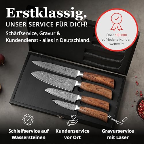 Wakoli EDIB Pro 4-Piece Kitchen Knife Set Made of Damascus Steel (VG10 Core) in Elegant Gift Box - Sharp Damascus Knife Set with Pakka Wood Handles - Knife Set with 2 x Santoku, Meat Knife & Office Knives