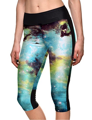 Hoyou Women's Plus Size Fitted High Waist Workout Cropped Pants - Galaxy Print Capri Leggings with Pockets(Green Space,M)