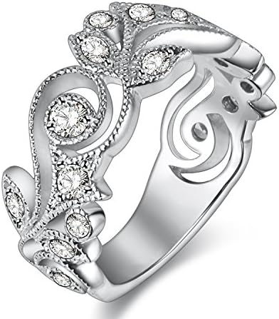 Newshe Jewellery White CZ Solid 925 Sterling Silver Flower Wedding Band Eternity Engagement Ring