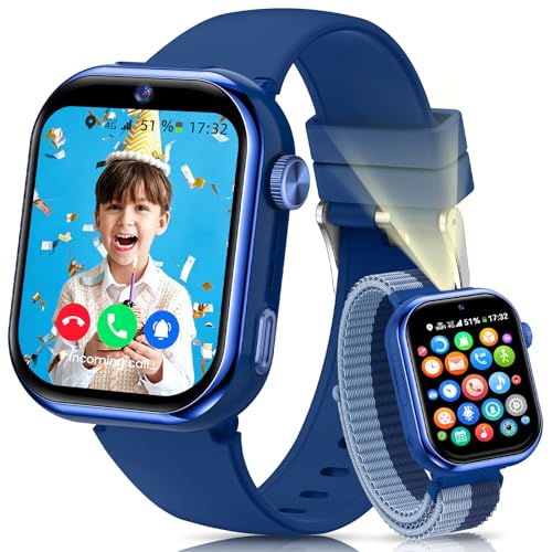4G Children's Smart Watch with GPS, Dual Camera, Video Call, Voice Chat, SOS, Class Mode, Flashlight, IP68, Pedometer, Gift for Boys and Girls, Blue, 3 Year Warranty
