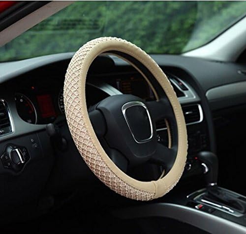 Hivel Breathable Ice Silk Fabric Car Steering Wheel Cover Universal Anti Slip Auto Leather Steering Wheel Cover 38cm - Cream Colored