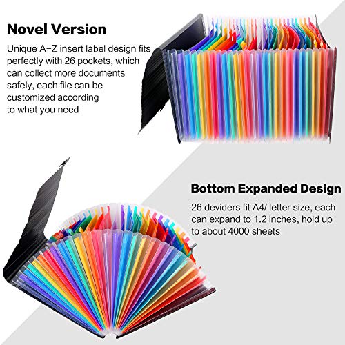 26 Pockets Accordian File Organizer, Expanding File Folder A4 Letter Size Expandable Filing Box, Rainbow Document Organizer,Portable Paper Bill Receipt Bag Plastic Folders with A-Z Alphabet Blank Tabs
