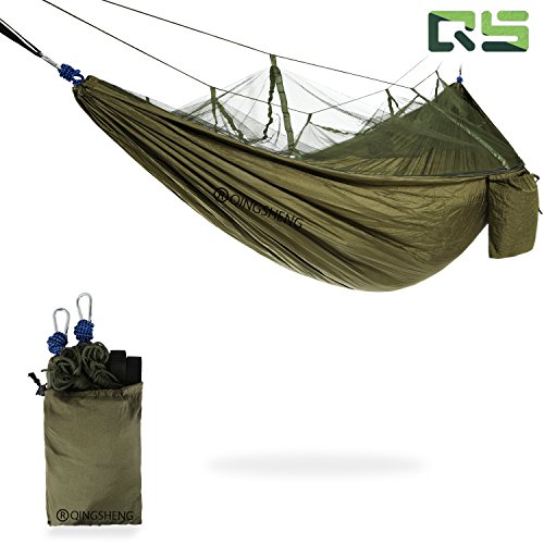 Portable Outdoor Double Camping Hammock With Mosquito Net, Nylon
Lightweight Parachute Fabric 2 Person Camp Gear For Camping Hiking
Backpacking Travel, Straps Ropes Carabiners, Army Green
